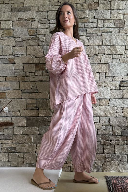 Arbi Gingham Peasant Smock Blouse Indian Pink